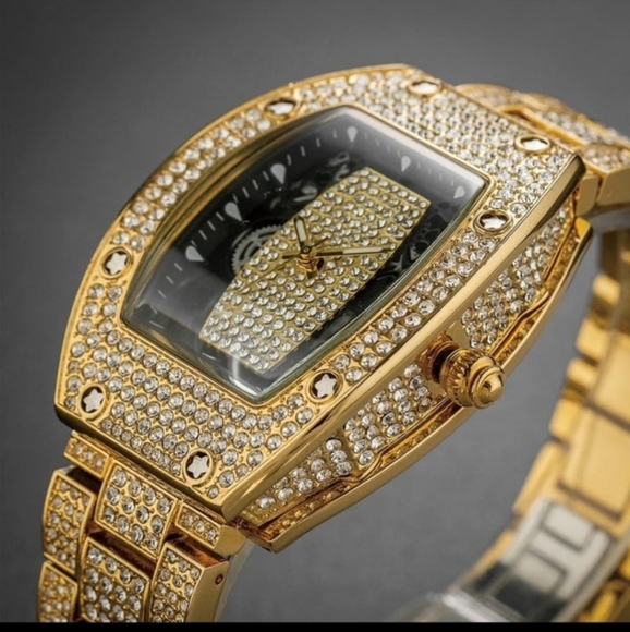 Mens Goldplated Iced Out Simulated Diamond Waterproof Quartz Movement Watch - Picture 3 of 12